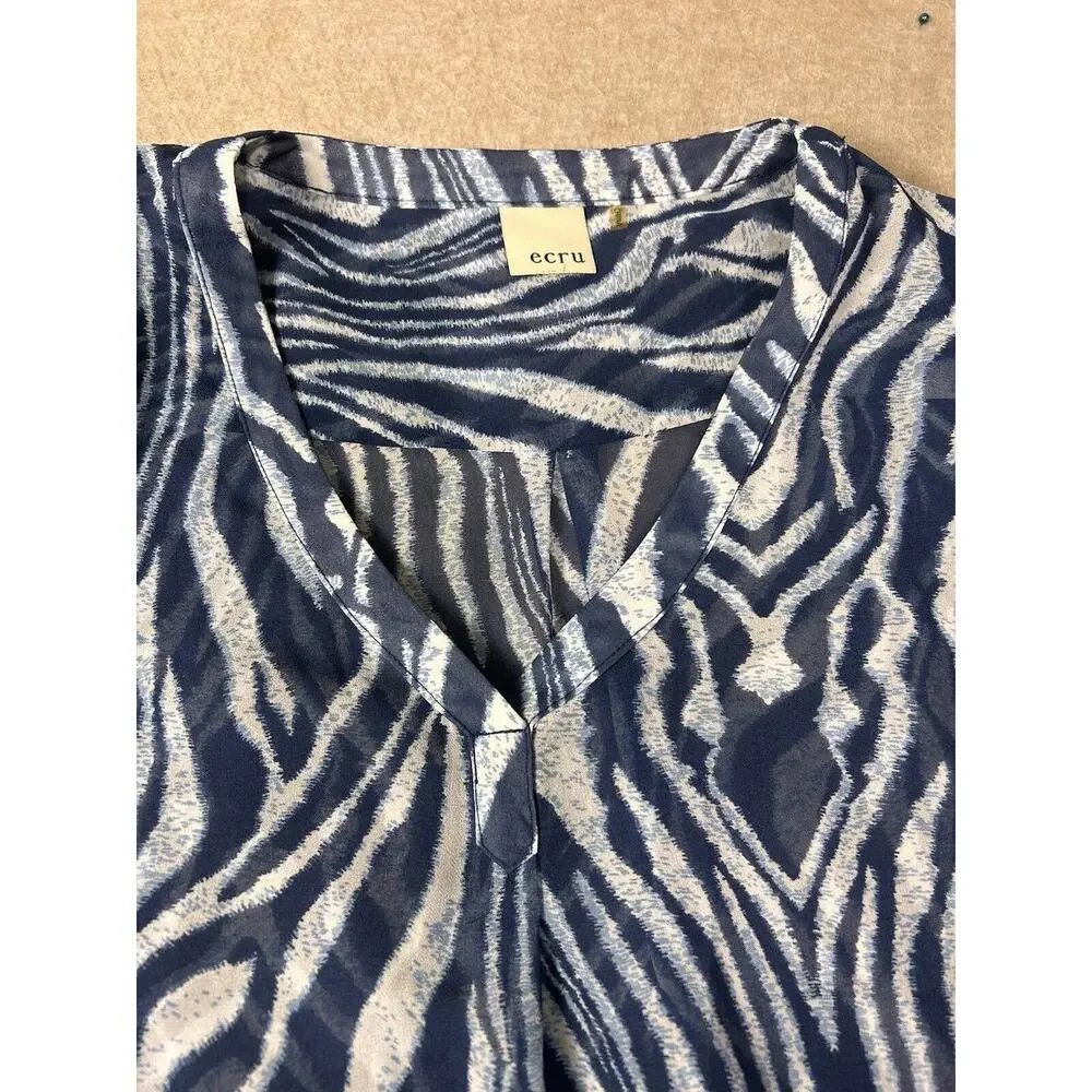 ecru Blue Animal Print Blouse Sz M Loose V-Neck Long Sleeve Top Semi Sheer